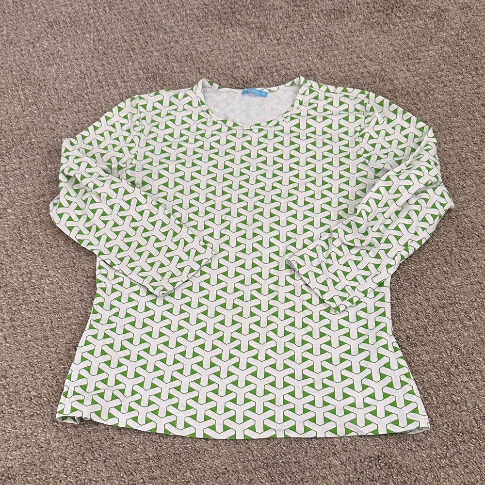 Geometric Green & White Long Sleeve Crewneck Top